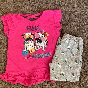 REAL LOVE Pugs and Kisses Shirt with Matching Leggings Outfit Size 3T Pink Gray